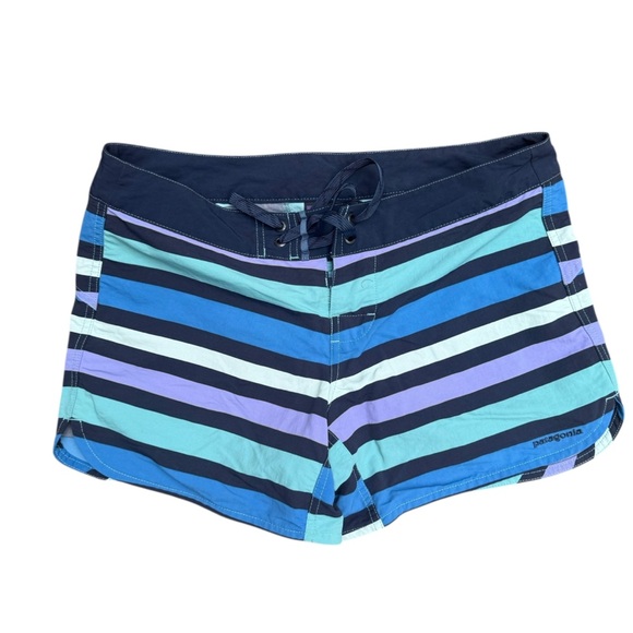 Patagonia Women’s Size 6 Striped Board Shorts Blue Purple Surf Swim Beach - Picture 3 of 11